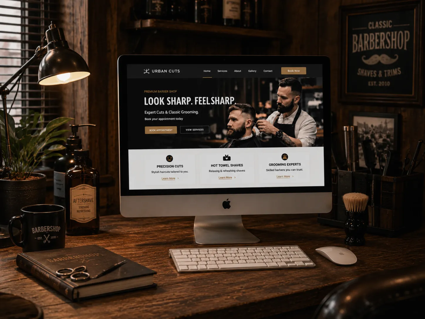 Barber website example displayed on a desktop computer