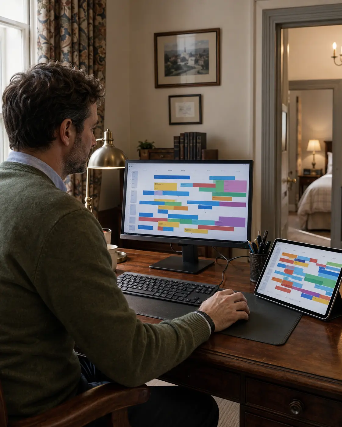 Guest house owner reviewing direct and external room booking calendars