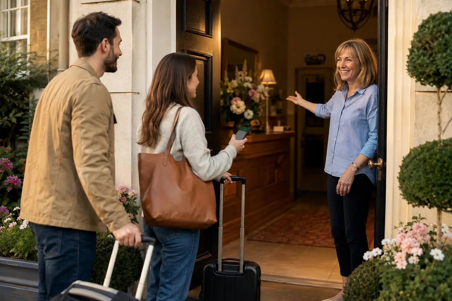 Bed and breakfast host welcoming guests at check-in