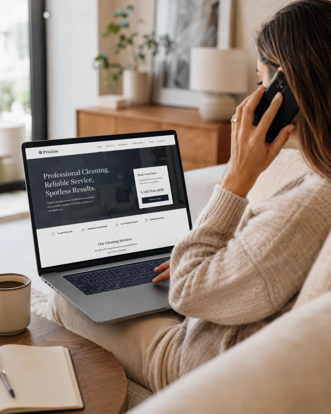 Professional website displayed on a laptop in a small business workspace