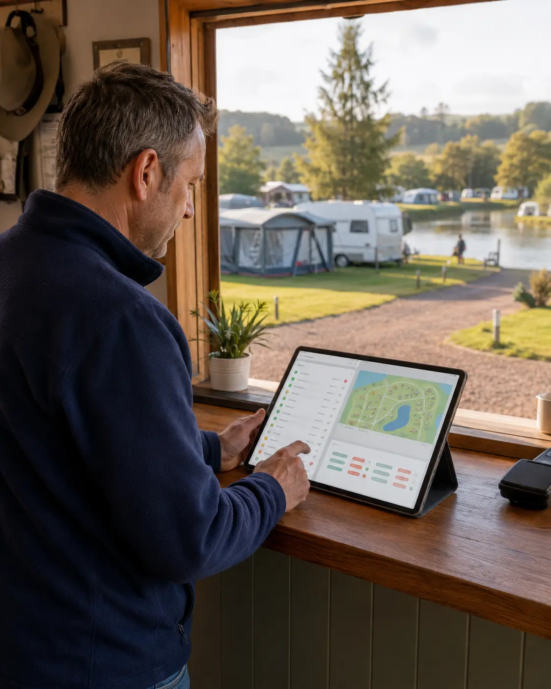Campsite owner reviewing bookings and pitch allocations in a private dashboard