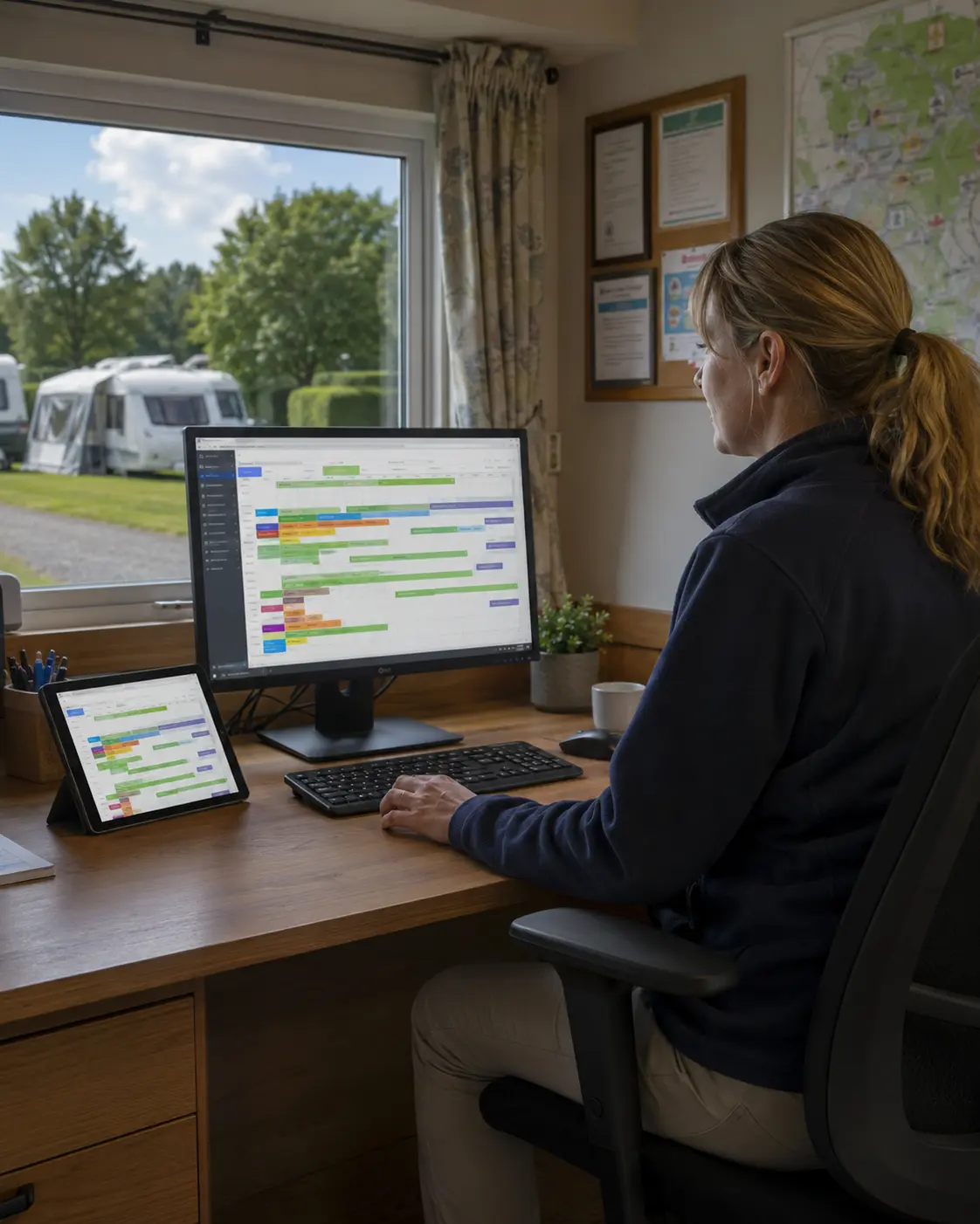 Campsite manager reviewing direct and external booking sources