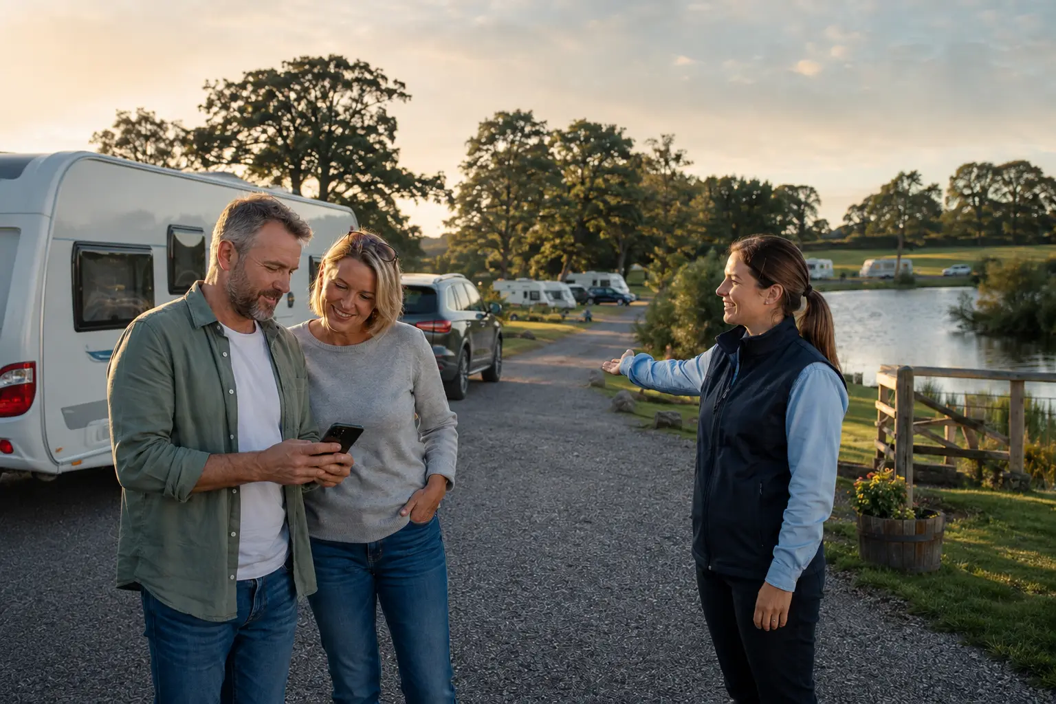 Touring guest viewing a campsite booking confirmation on arrival
