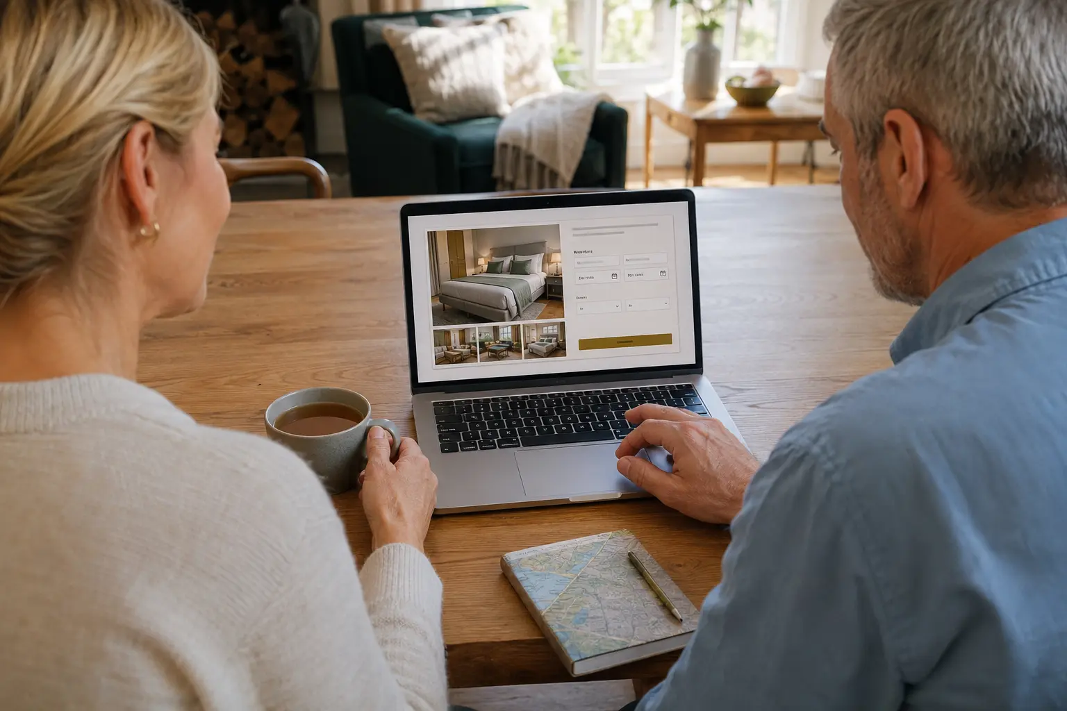 Guests making a direct bed and breakfast room booking on a laptop