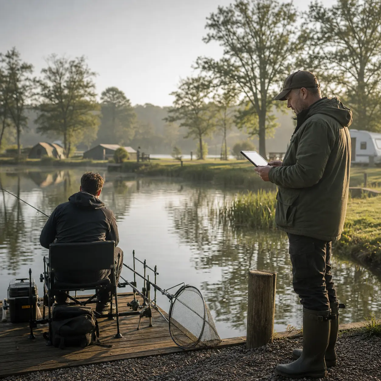 Angler beside a peaceful fishing lake with nearby camping pitches