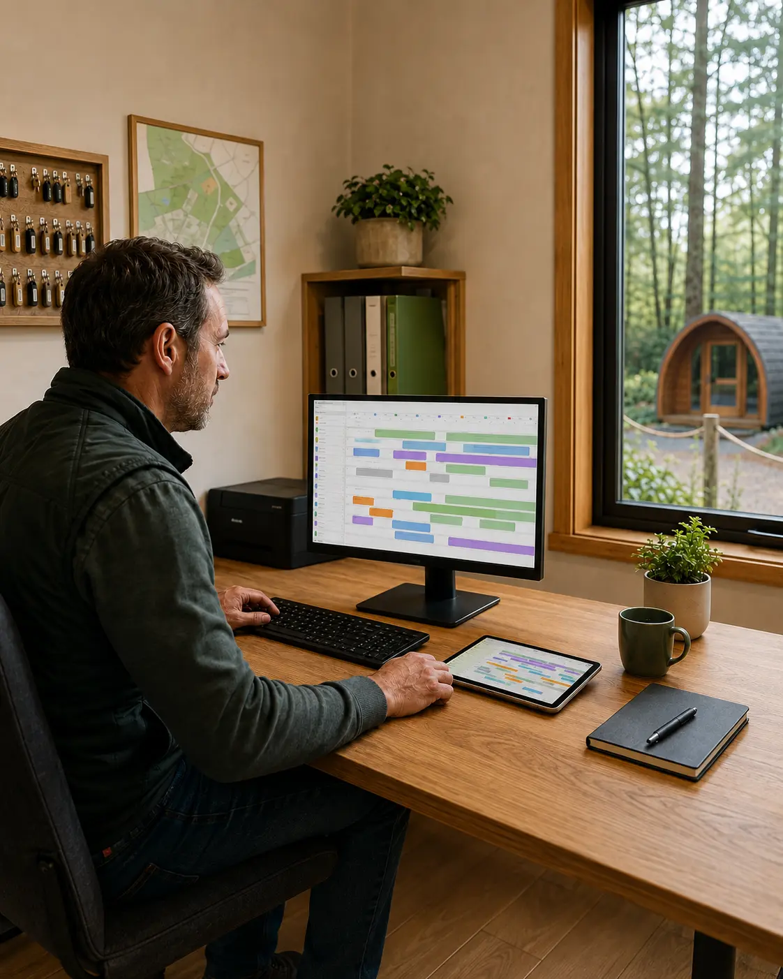 Glamping manager reviewing direct and external booking calendars