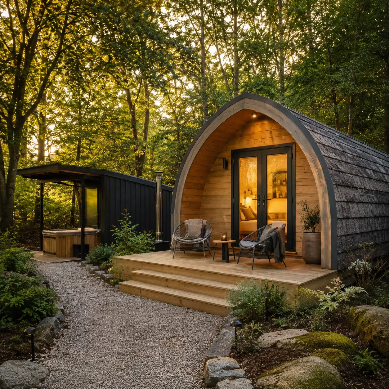 Woodland glamping pod, cabin and private hot tub