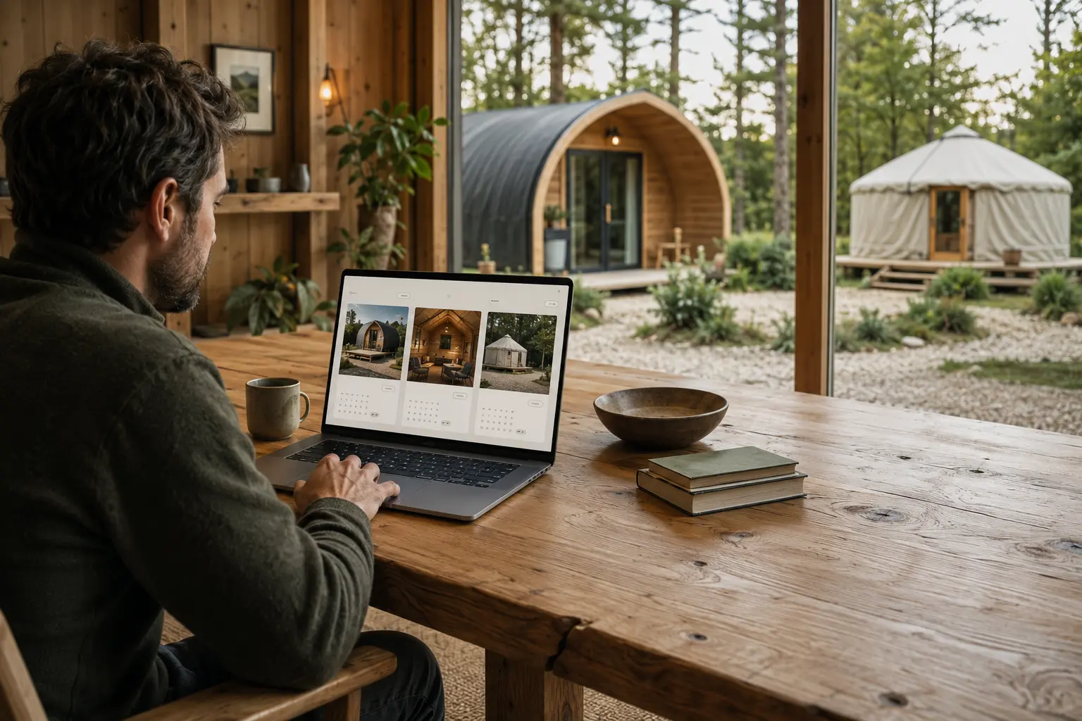 Guest comparing glamping pods and yurts through a direct booking website