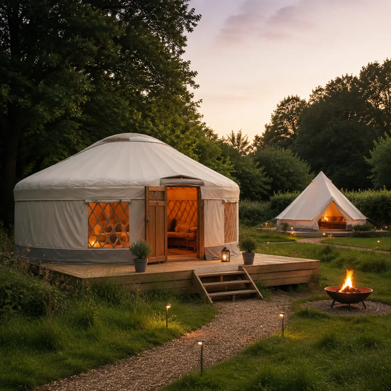 Glamping yurt and bell tent stays in a UK meadow