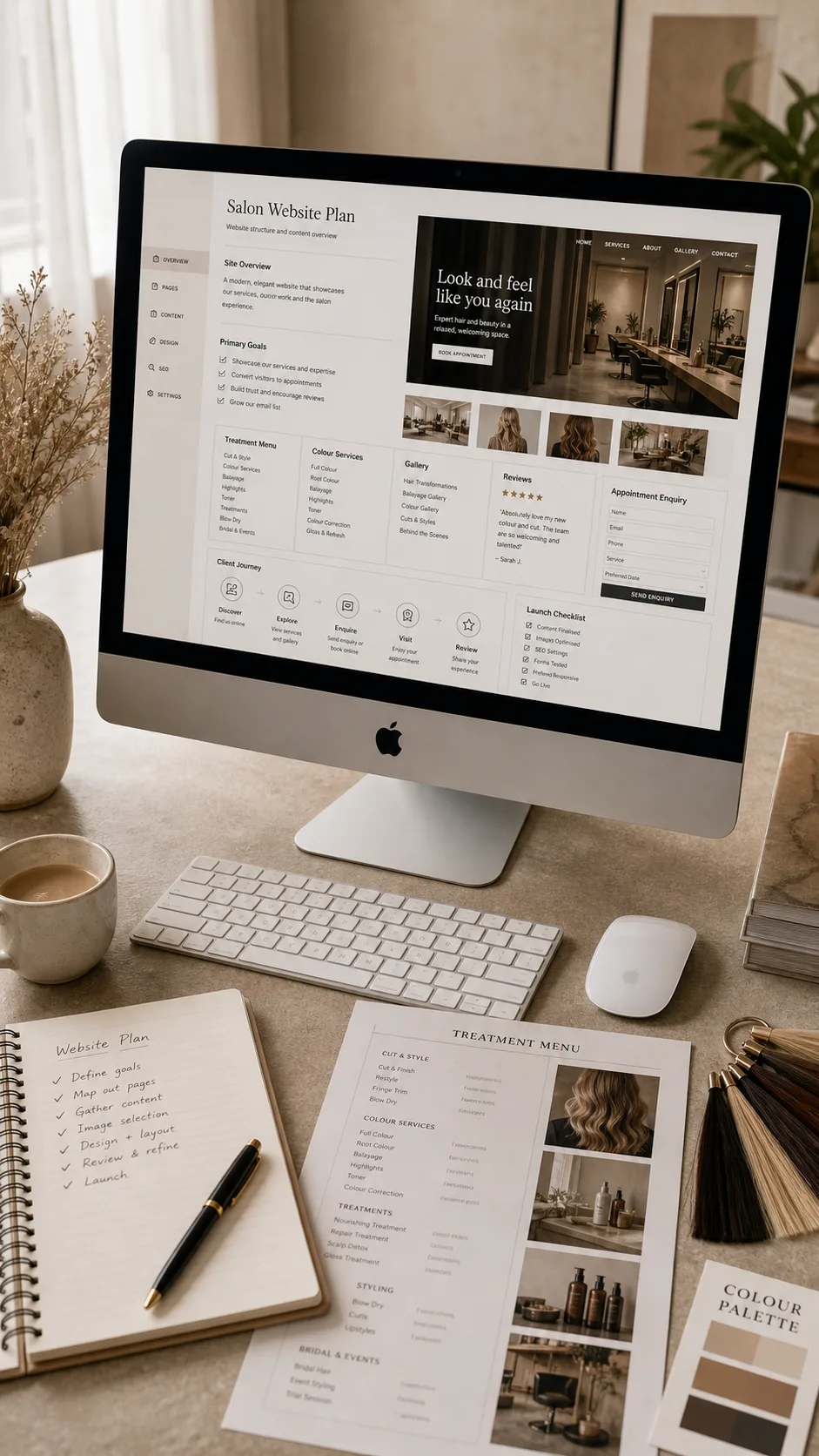 Salon website planning interface displayed on an Apple iMac