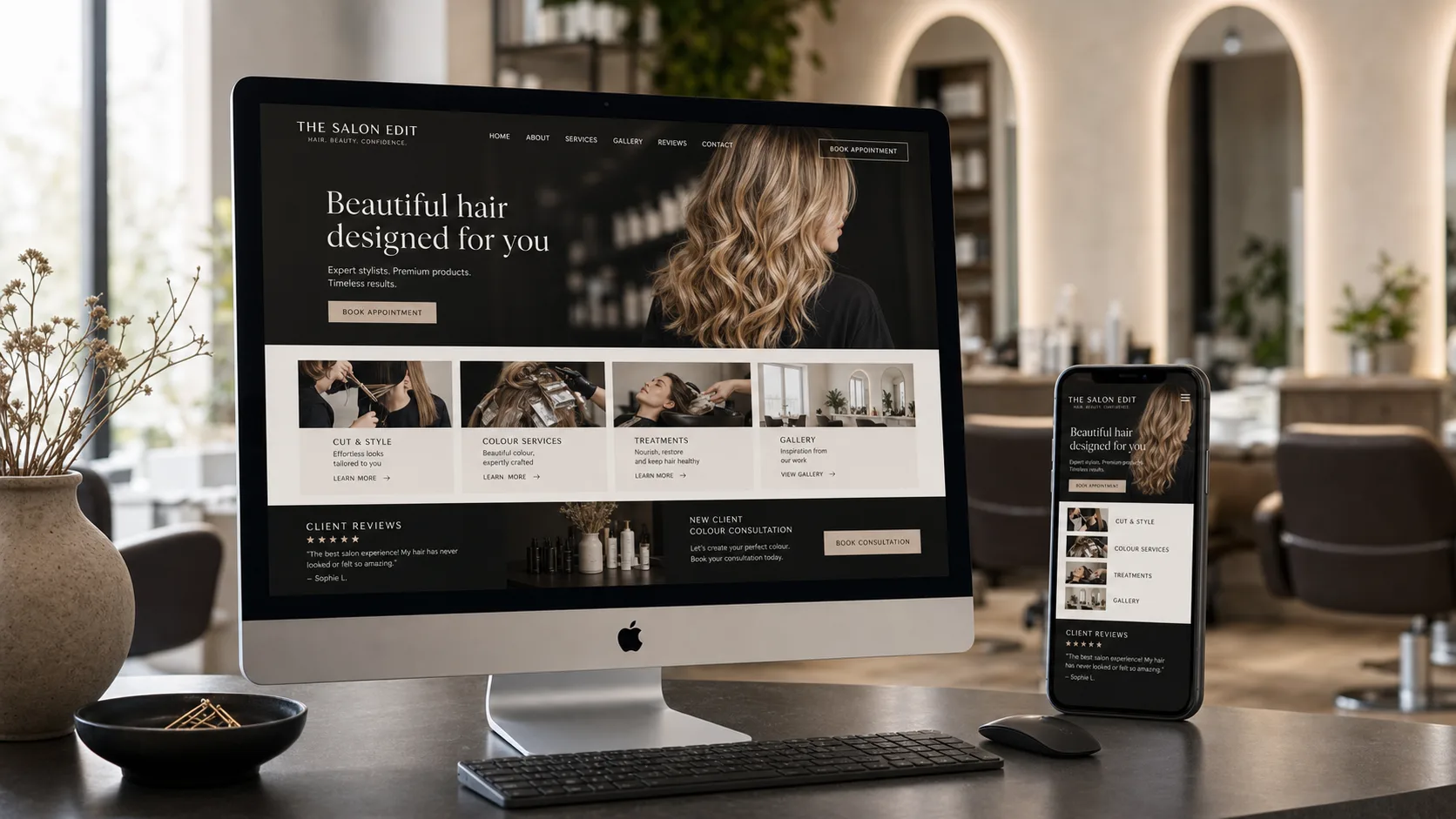 Salon website example displayed on an Apple iMac and phone
