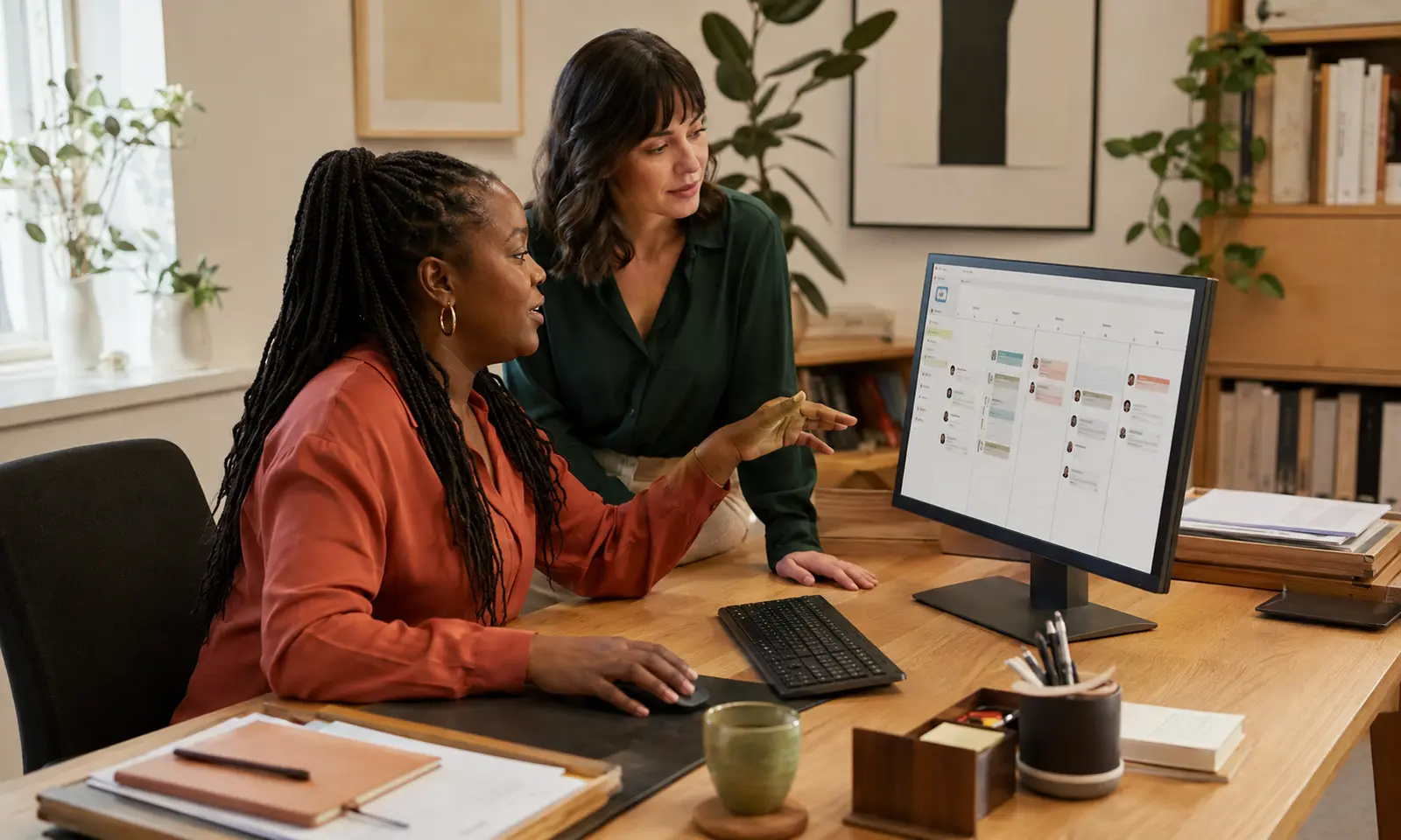 Consultants managing professional service appointments on a desktop computer