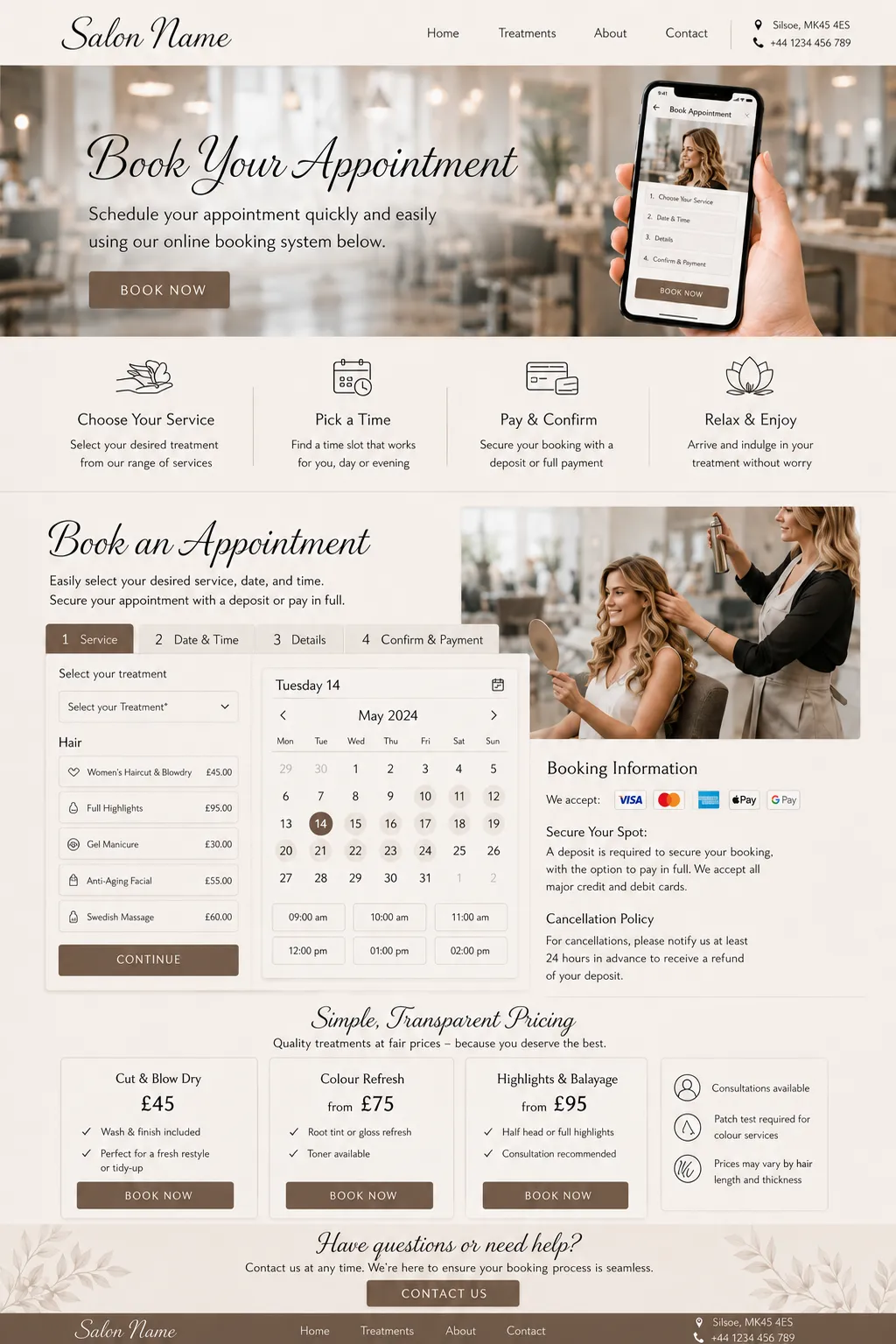 Service booking journey shown on a website