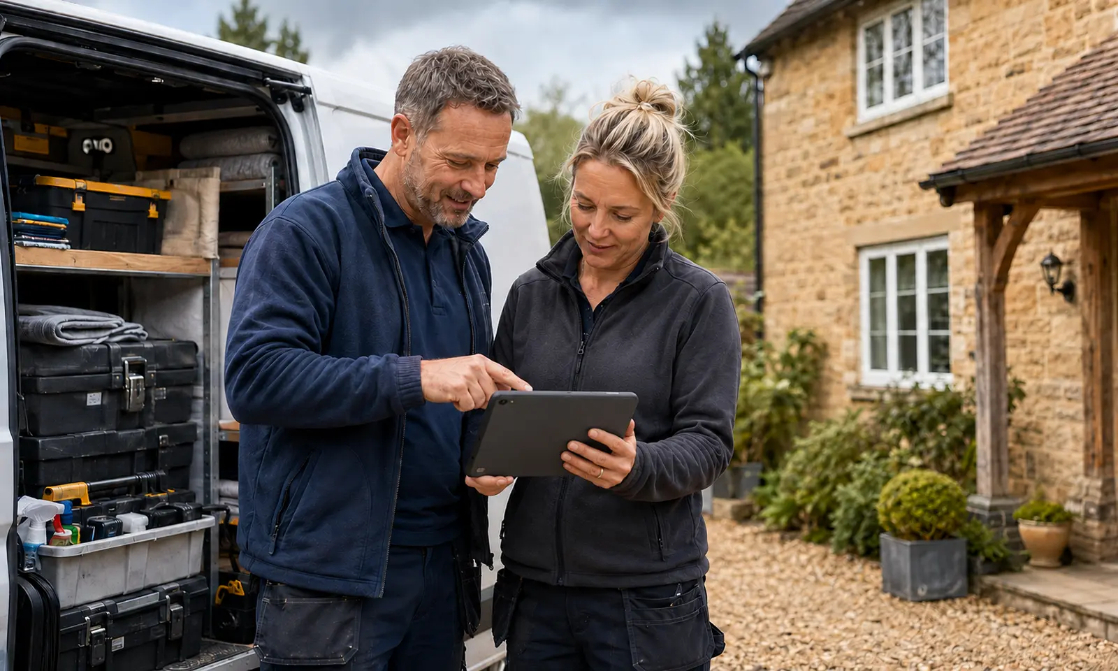 Mobile service team organising customer visits through a tablet booking system