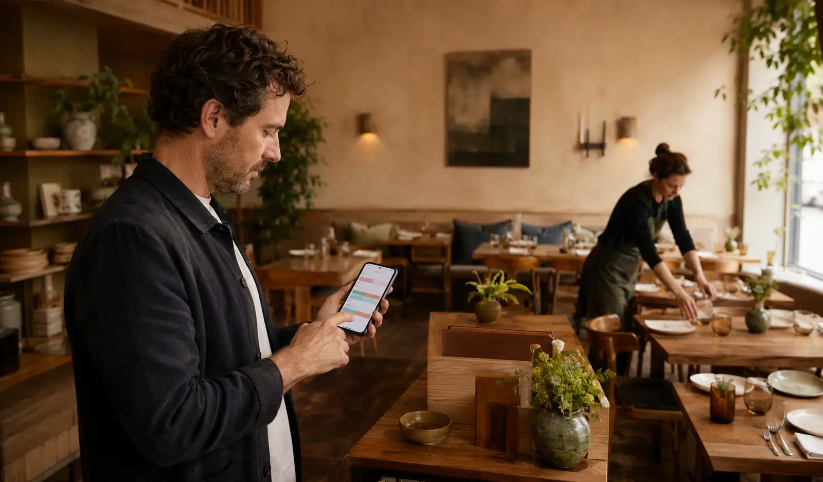 Restaurant owner checking table reservations through a mobile booking system