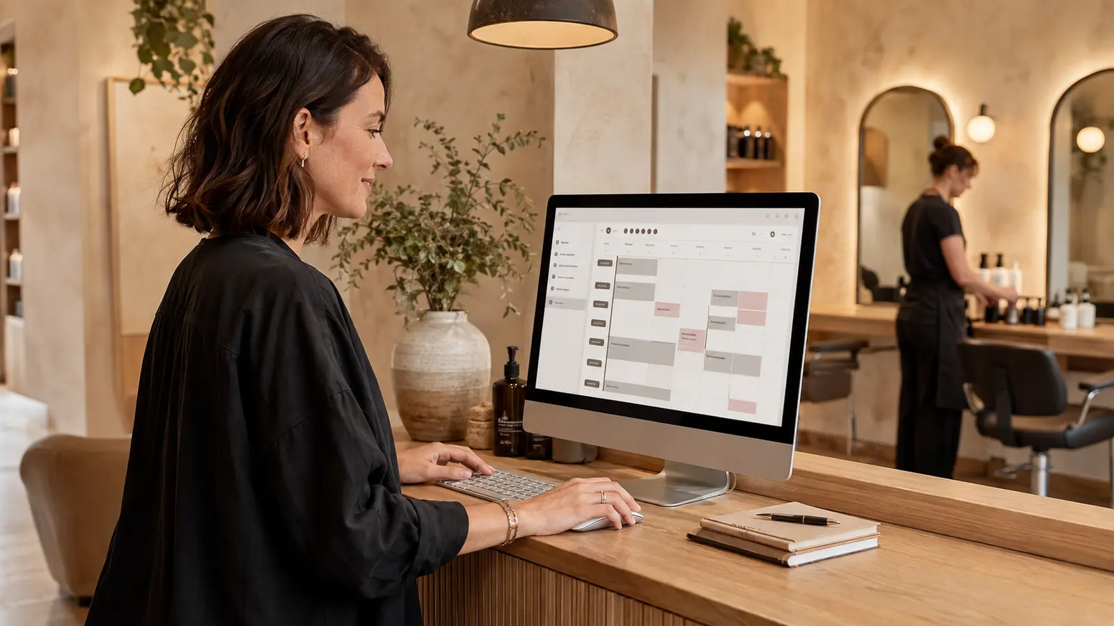 Salon owner managing beauty and wellness appointments through an online booking system