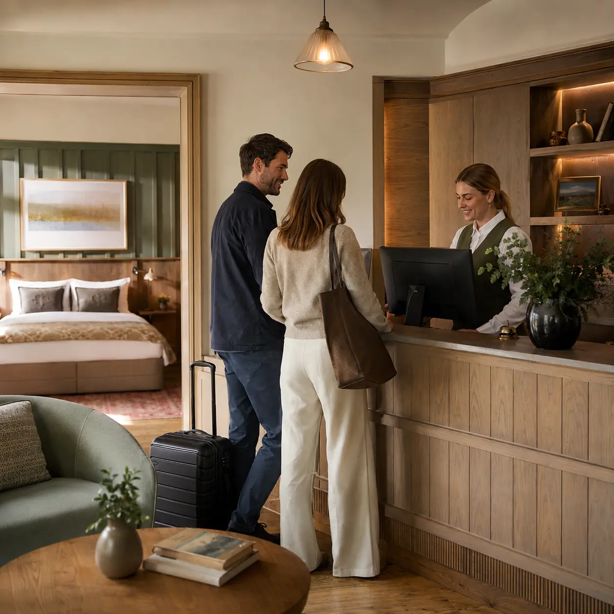 Refined independent small hotel interior with guest checking in