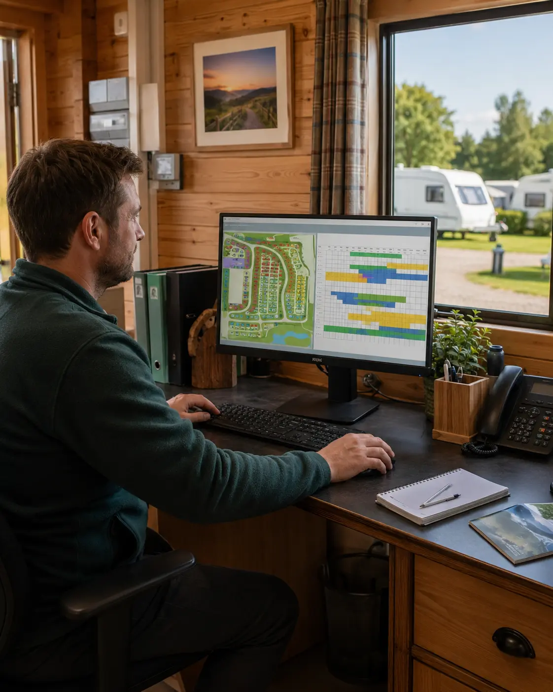 Campsite manager reviewing pitch allocations on a booking dashboard