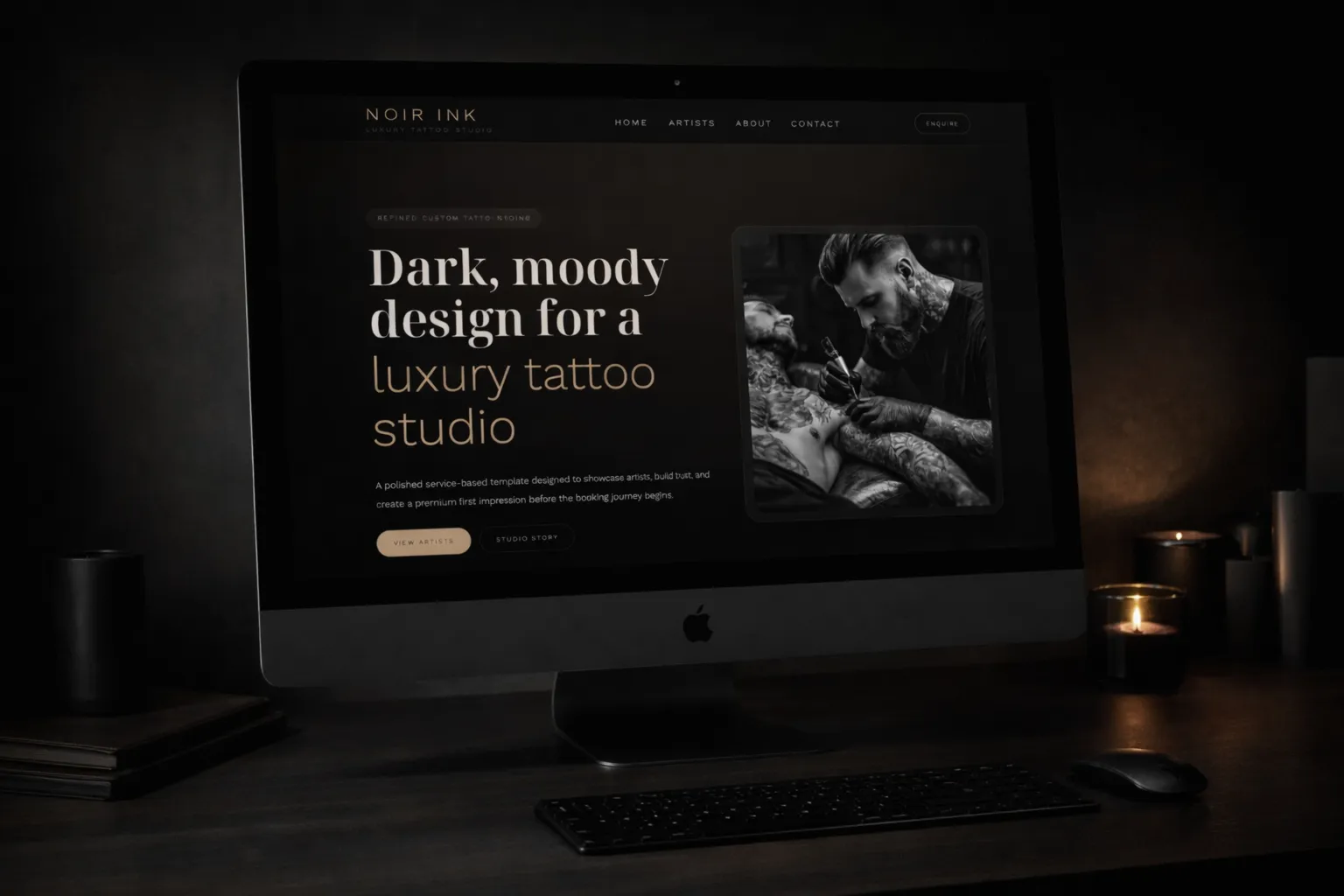 Tattoo studio website displaying an artist-led portfolio layout on desktop