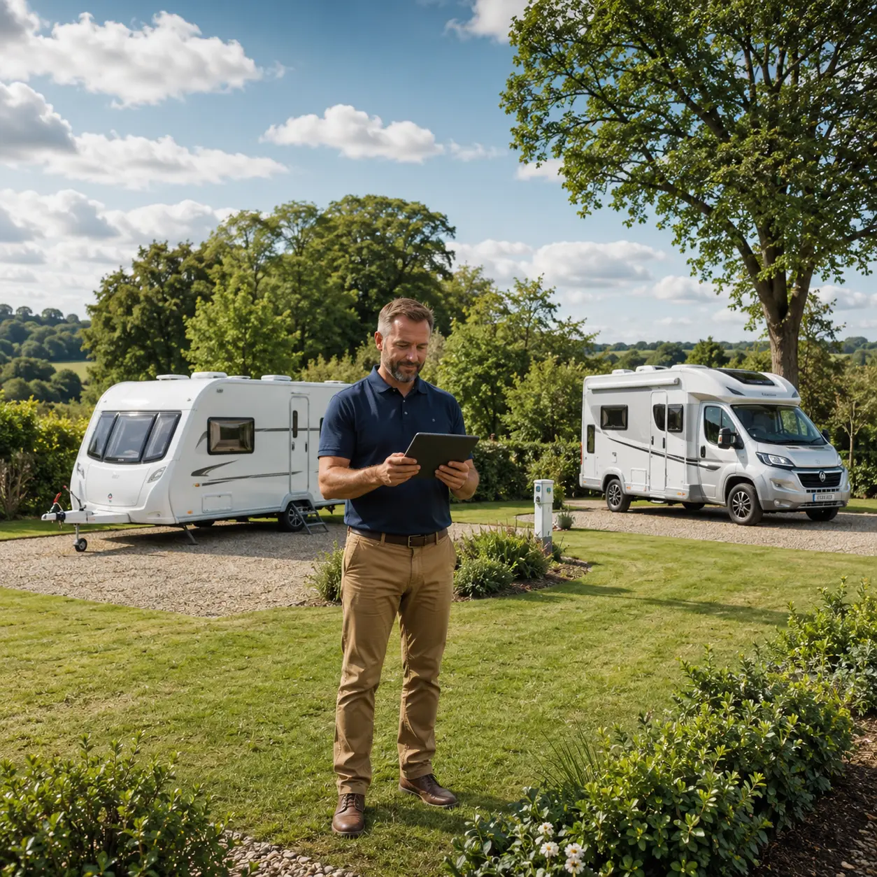 Touring caravan on a well-spaced serviced campsite pitch